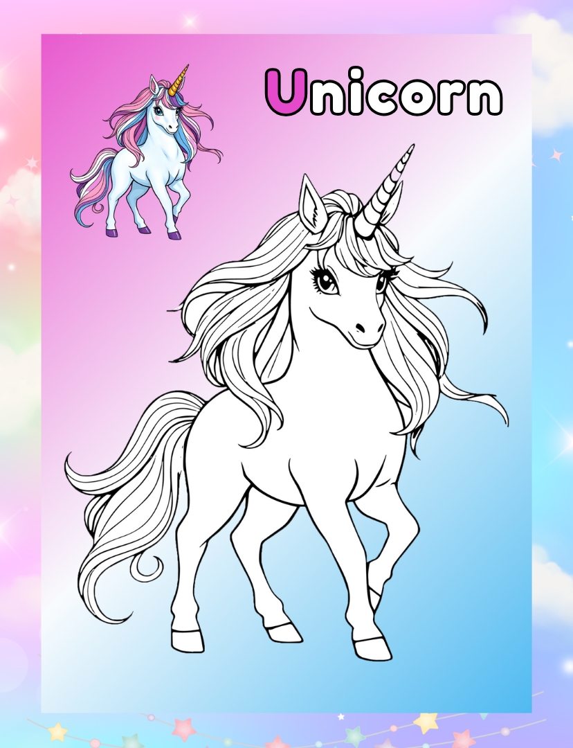 cute unicorn coloring page for kids in pdf or jpg format